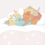  &lt;3 anthro bed buddyfight clothed clothing cuddling dragon drooling drum_(buddyfight) duo half-dressed horn kinous_axia male on_bed open_mouth pillow rohly saliva scalie sleeping snot_bubble topless under_covers 