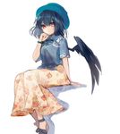  alternate_costume bad_id bad_pixiv_id bird_wings black_hair black_wings bracelet daimaou_ruaeru floral_print hat jewelry looking_at_viewer red_eyes shameimaru_aya shirt sitting skirt solo touhou wings 