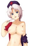  bad_deviantart_id bad_id blue_eyes breasts hat highres large_breasts long_hair midriff navel nipples nurse_cap nuwara_eliya off_shoulder open_clothes puffy_sleeves short_sleeves silver_hair simple_background smile solo syringe tongue tongue_out touhou upper_body white_background yagokoro_eirin 