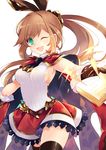  black_gloves breasts brown_hair cape clarisse_(granblue_fantasy) gloves granblue_fantasy green_eyes hair_ribbon long_hair looking_at_viewer medium_breasts ponytail ribbon skirt smile solo takase_kanan thighhighs 