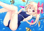  blonde_hair blush bow clownfish fang fish flandre_scarlet hair_bow hakuto_(28syuku) highres one-piece_swimsuit red_eyes school_swimsuit solo swimsuit touhou underwear underwear_only 