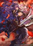  armor axe black_armor breasts camilla_(fire_emblem_if) castle cleavage cloud dragon dusk finger_to_mouth fire_emblem fire_emblem_cipher fire_emblem_if hair_over_one_eye large_breasts long_hair marzia_(fire_emblem_if) mayo_(becky2006) official_art purple_hair sky solo tiara very_long_hair wavy_hair weapon wyvern 