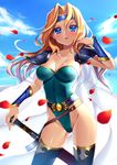  arm_up armpits belt blonde_hair blue_eyes breasts bucchake_(asami) cape celes_chere cleavage cloud collarbone covered_navel day final_fantasy final_fantasy_vi green_leotard headband highleg highleg_leotard highres leotard long_hair medium_breasts pauldrons petals sheath sheathed sky solo sword thighhighs thighs vambraces weapon 