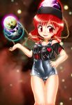  chain clothes_writing collar earth_(ornament) hecatia_lapislazuli looking_at_viewer moon_(ornament) off_shoulder one-piece_swimsuit open_mouth polos_crown red_eyes red_hair school_swimsuit shiny shiny_clothes shirt short_hair short_sleeves skindentation smile solo swimsuit swimsuit_under_clothes t-shirt touhou winn 