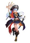  1girl azuma_kyoutarou_(artist) blue_hair boots feathers hat jacket kula_diamond long_hair miniskirt pirate pirate_hat red_eyes skirt skull_and_crossbones snk snk_heroines:_tag_team_frenzy solo sword the_king_of_fighters weapon 