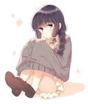  bangs black_hair blunt_bangs braid cardigan hair_over_shoulder hands_on_own_knees kantai_collection kitakami_(kantai_collection) komi_zumiko long_hair school_uniform serafuku single_braid solo upskirt 