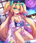  blazblue blonde_hair blush fireworks flat_chest green_eyes heart heart-shaped_pupils japanese_clothes kimono licking_lips long_hair looking_at_viewer no_panties platinum_the_trinity smile solo symbol-shaped_pupils tongue tongue_out toraishi_666 two_side_up very_long_hair 