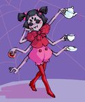  anthro arachnid arthropod berrygarden black_eyes black_hair blush clothing doughnut dress fangs female food grey_skin hair hair_bow muffet multi_limb multiple_eyes plate smile solo spider spider_web tea_cup tea_pot undertale 