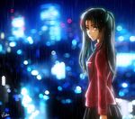  artist_name black_hair black_skirt blue_eyes city city_lights esther fate/stay_night fate_(series) looking_at_viewer pleated_skirt rain red_shirt shirt skirt solo toosaka_rin wet 
