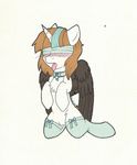  adostume_(artist) adostume_(character) blindfold blush clothed clothing collar equine female friendship_is_magic fur hair horn kneeling line_art mammal mane multicolored_hair my_little_pony open_mouth partially_clothed penis pussy ribbons solo spread_legs spreading tongue tongue_out uncut unicorn white_fur wings 