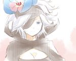  blue_eyes breasts cape closed_mouth eyepatch flamie_speeddraw flower hair_flower hair_ornament hairband looking_at_viewer medium_breasts natsushi portrait rokka_no_yuusha short_hair simple_background smile solo white_background white_hair 