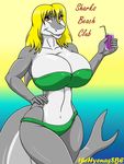  anthro beverage big_breasts bikini breasts clothing female fish food marine shark swimsuit text thehyenassbe 
