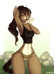  brown_fur brown_hair camel_toe canine chest_tuft clothing dog eyes_closed female fur hair mammal midriff moxaji open_mouth outside panties shirt solo standing tank_top three-quarter_portrait tongue tongue_out tuft underwear yawn 