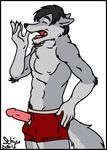  anthro black_hair black_nose clothed clothing digital_media_(artwork) erection eyes_closed facial_hair fur grey_fur hair half-dressed humanoid_penis male mammal morning_wood open_mouth penis poking_out solo topless underwear white_fur 