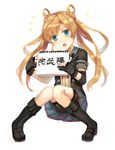  abukuma_(kantai_collection) bad_id bad_pixiv_id blonde_hair blue_eyes boots character_name full_body gloves kantai_collection long_hair marker open_mouth remodel_(kantai_collection) school_uniform serafuku sha_(isago) sketchbook skirt solo translated twintails white_background 
