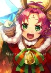  1girl akke antlers blush cape christmas dress fa facial_mark fire_emblem fire_emblem:_fuuin_no_tsurugi fire_emblem_heroes forehead_mark green_eyes horn looking_at_viewer mamkute nintendo open_mouth pointy_ears purple_hair reindeer_antlers short_hair simple_background smile 