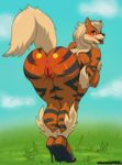  2015 anthro anthrofied anus arcanine big_breasts big_butt blush breasts butt cloud erect_nipples female fur grass high_heels looking_at_viewer looking_back nintendo nipples orange-peel orange_eyes orange_fur pok&eacute;mon presenting presenting_hindquarters pussy rear_view sky solo stripes sweat tongue tongue_out video_games 