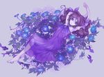  armpits barefoot bow dress fish flower hair_bow hands_above_head looking_at_viewer lying morning_glory on_back original purple purple_dress purple_eyes purple_hair see-through shenyuan_xian solo 