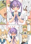  1boy 2girls admiral_(kantai_collection) akebono_(kantai_collection) alternate_hairstyle anchor animal animal_on_head animal_on_shoulder bandaid bell blush body_mahattaya_ginga clenched_hand comic crab crab_on_head crab_on_shoulder disgust fidgeting flower frown hair_bell hair_flower hair_ornament hat holding holding_hair jingle_bell kantai_collection light_brown_hair long_hair looking_down military military_uniform multiple_girls oboro_(kantai_collection) on_head open_mouth pet purple_eyes purple_hair school_uniform serafuku shitty_admiral_(phrase) short_hair spoken_exclamation_mark translated tsundere twintails uniform wavy_mouth 