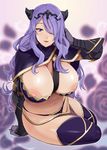  areolae arm_support bikini breasts bursting_breasts camilla_(fire_emblem_if) capelet fire_emblem fire_emblem_if gauntlets gloves hair_over_one_eye hair_tucking horns large_breasts long_hair looking_at_viewer nipple_slip nipples parted_lips plump purple_eyes purple_hair smile solo swimsuit tamagoroo_(funifuni_labo) thighhighs 