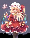  adapted_costume alternate_costume ascot black_legwear blonde_hair bug butterfly crystal dress embellished_costume flandre_scarlet hat hat_ribbon highres insect kisaragi_saki layered_dress looking_at_viewer mob_cap open_mouth pinstripe_legwear puffy_sleeves red_eyes ribbon sash short_hair short_sleeves side_ponytail smile solo striped striped_legwear thighhighs touhou vertical-striped_legwear vertical_stripes wings wrist_cuffs 