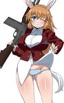  animal_ears blue_eyes blue_panties breasts brown_hair bunny_ears charlotte_e_yeager grin gun highres huge_breasts komusou_(jinrikisha) light_machine_gun long_hair looking_at_viewer m1918_bar machine_gun one_eye_closed panties shirt shirt_lift simple_background smile solo strike_witches thighs underwear weapon white_background world_witches_series 