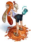  artist_name ass bent_over bike_shorts bomb dated embarrassed fang from_behind full_body gun holding inkling kikino long_hair looking_at_viewer looking_back luna_blaster_(splatoon) orange_eyes orange_hair paint_splatter shoes signature single_vertical_stripe sneakers solo splatoon_(series) splatoon_1 standing suction_bomb_(splatoon) suction_cups sweatdrop tank_top tentacle_hair weapon white_background wristband 