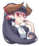  animal_ears black_hair checkerboard_cookie closed_mouth cookie food glasses hair_ribbon holding holding_food horned_girl_(jaco) horns jaco long_hair looking_at_viewer original ponytail puffy_short_sleeves puffy_sleeves red-framed_eyewear red_eyes ribbon short_sleeves simple_background slit_pupils smile solo upper_body white_background 