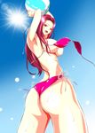  1girl armpits ass bikini breasts long_hair open_mouth purple_hair red_eyes ribbon sakaki_ryouko shokugeki_no_souma swimsuit 