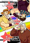  beard blue_eyes brown_hair character_name facial_hair fingerless_gloves gloves grey_hair hat jojo_no_kimyou_na_bouken joseph_joestar joseph_joestar_(young) kijinkutsu male_focus multiple_boys multiple_persona necktie old_man outline polo_shirt scarf star starry_background white_gloves 