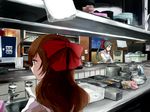  ahoge annin_musou bad_id bad_pixiv_id brown_eyes brown_hair food green_hair hair_ribbon irako_(kantai_collection) kantai_collection kitchen kitchen_scale mamiya_(kantai_collection) microwave multiple_girls ribbon sink sponge towel weighing_scale yellow_eyes 