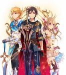  2boys armor bare_shoulders black_gloves black_hair blonde_hair blue_eyes boots cape dress elbow_gloves gloves hand_on_hip head_wings highres knight lace lace-trimmed_dress light_brown_hair light_rays long_hair multiple_boys murakami_yuichi pink_hair red_eyes sanjo_tsubaki short_hair smile standing sword takatsukasa_taiki thighhighs unsimulated_incubator wakatsuki_reo weapon 