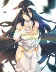  albedo backlighting bare_shoulders bird_wings black_hair black_wings breasts cleavage demon_girl demon_horns dress elbow_gloves feathers gloves hand_on_own_chest hip_vent horns large_breasts long_hair low_wings makita_(twosidegekilove) overlord_(maruyama) slit_pupils smile solo very_long_hair white_dress white_gloves wings yellow_eyes 