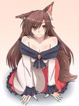  animal_ears bare_shoulders breasts brooch brown_hair cleavage dress ears_perk fingernails gradient gradient_background imaizumi_kagerou jewelry kneeling large_breasts long_fingernails long_hair long_sleeves looking_up mamedenchi off_shoulder red_eyes smile solo tail touhou wolf_ears wolf_tail 