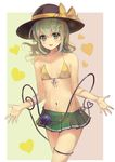  bikini bikini_skirt blush culter eyeball green_eyes green_hair hat hat_ribbon heart heart_of_string jpeg_artifacts komeiji_koishi midriff navel open_mouth ribbon short_hair smile solo string swimsuit third_eye touhou 