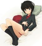  bed black_hair black_legwear blush hands hanyu luciana_mazzei panties pillow short_hair socks solo strike_witches underwear world_witches_series 