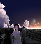  1girl aerial_fireworks black_hair building cane city cityscape cloud copyright_request fireworks glasses hat keisan real_life rice_paddy road scenery sky uchida_hyakken 