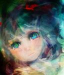  bangs blue_eyes blue_hair blurry close-up closed_mouth expressionless face green_hat hat katari kawashiro_nitori lips looking_at_viewer pink_lips short_hair solo touhou upper_body 