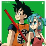  1girl back-to-back black_eyes black_hair blue_eyes blue_hair bulma dragon_ball dragon_ball_(classic) dramatica lowres scrunchie son_gokuu source_request spiked_hair star stick sweatband undershirt uniform 