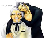  beard bow bowtie colonel_sanders crossover duplicate english facial_hair final_fantasy final_fantasy_vii formal glasses green_eyes grey_hair kfc long_hair male_focus multiple_boys mustache sephiroth shirt silver_hair suit what white_hair 