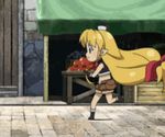  animated animated_gif blonde_hair boots falling gloves hat lisa_(seiken_no_blacksmith) long_hair lowres midriff mini_hat pointy_ears rock running seiken_no_blacksmith shorts solo tears tripping 