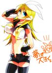  &gt;_&lt; alternate_hairstyle blonde_hair blue_eyes breasts closed_eyes headphones kagamine_rin kondoru large_breasts long_hair midriff navel older short_shorts shorts simple_background solo thighhighs translated underboob unzipped vocaloid 