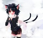  animal_ears black_hair cat_ears cat_tail chen earrings hat jewelry multiple_tails red_eyes scarf shin_(new) skirt snow solo tail thighhighs touhou winter 