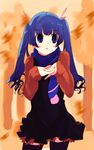  :o autumn blue_eyes blue_hair copyright_request dress highres kitano_yuusuke long_hair scarf solo sweater thighhighs twintails zettai_ryouiki 