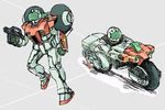  crossover earth_federation energy_gun gm_(mobile_suit) ground_vehicle gundam hybrid kikou_souseiki_mospeada mecha mobile_suit_gundam mospeada mospeada_(mecha) motor_vehicle motorcycle no_humans oekaki parody power_armor science_fiction shield weapon 