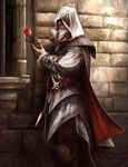  artist_request assassin's_creed_(series) assassin's_creed_ii belt boots cloak ezio_auditore_da_firenze flower hidden_blade hood male_focus rose solo vambraces weapon 