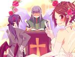  2boys angel_wings bat_wings bride brown_hair disgaea dress laharl's_mother lamington_(disgaea) mid-boss_(disgaea) multiple_boys purple_hair silver_hair tsuyuka_(sunny_spot) tuxedo v wedding wedding_dress wings 