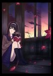  absurdres amino_(tn7135) bad_id bad_pixiv_id black_hair book cardigan dusk feet green_eyes hairband highres leaf maple_leaf sitting skirt socks solo toono_akiha tsukihime white_hairband 