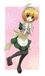  apron blonde_hair blush crossdressing green_eyes highres komeko5 lyrical_nanoha mahou_shoujo_lyrical_nanoha maid male_focus open_mouth otoko_no_ko pantyhose solo wristband yuuno_scrya 