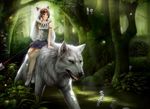  animal bare_arms forest jewelry kodama mononoke_hime nature necklace polearm realistic riding san spear syncaidia wallpaper weapon wolf 